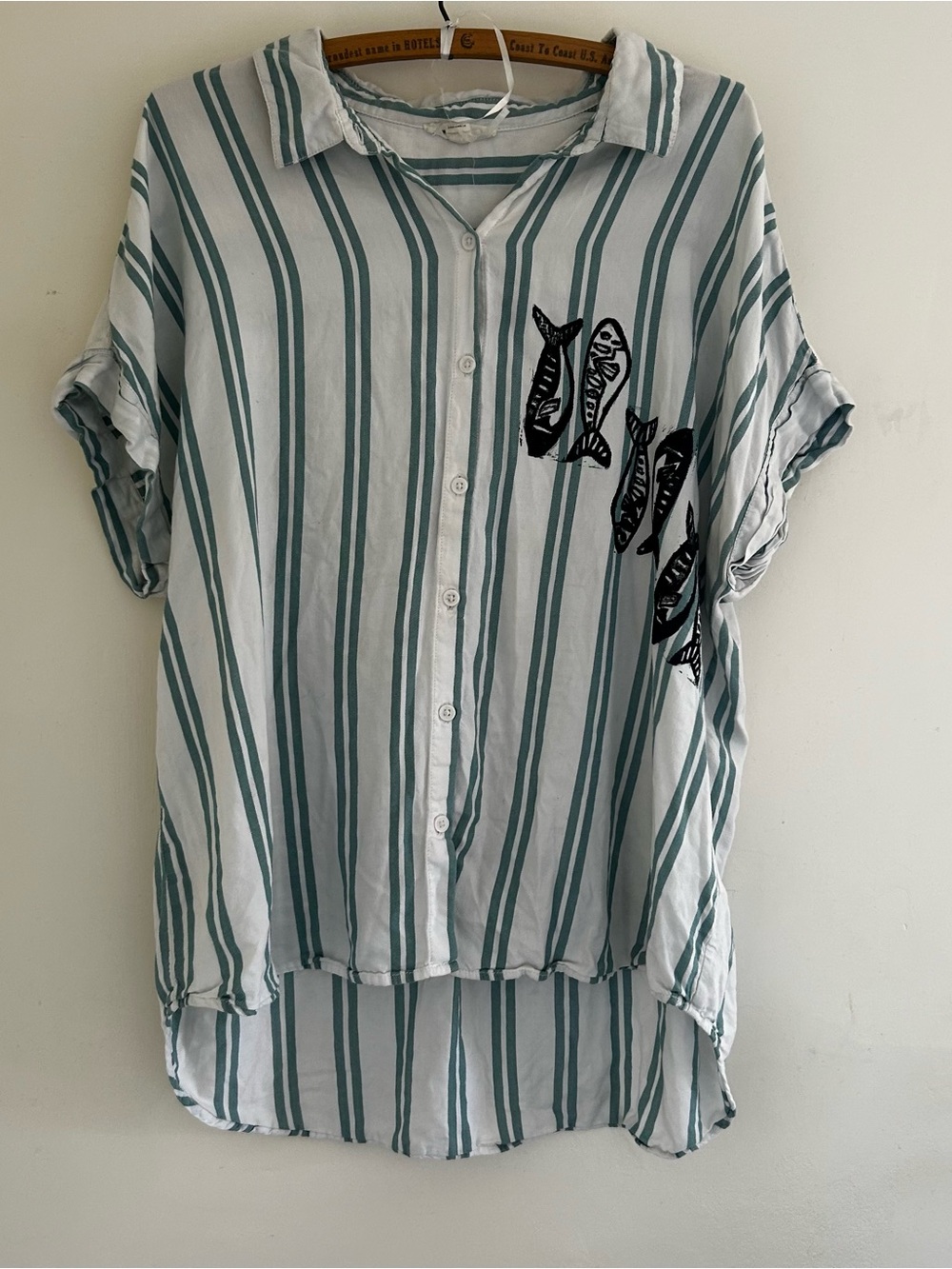 beachlunchlounge White Teal Striped Button Down Shirt Fish Block Print XL